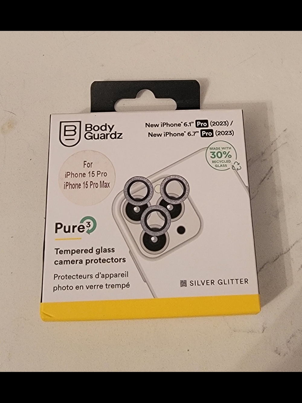 Bodyguardz Camera Glass Protector for Iphone 15 Prp/15 Pro Max, Silver Glitter